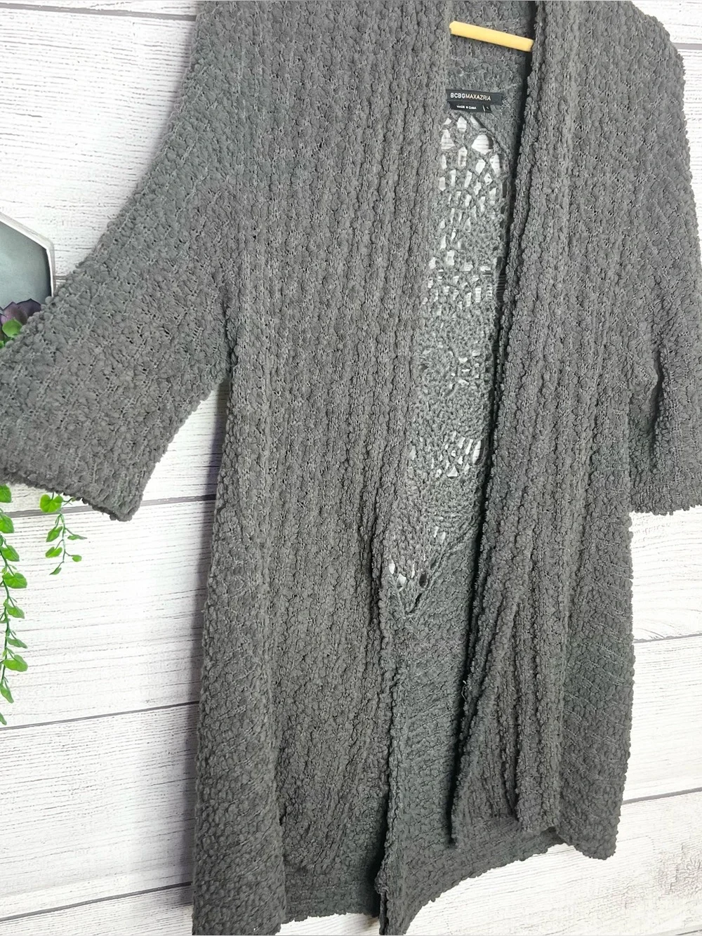 BCBGMaxAzria Charcoal Gray Textured Boho Crochet Back Cardigan Size Small
